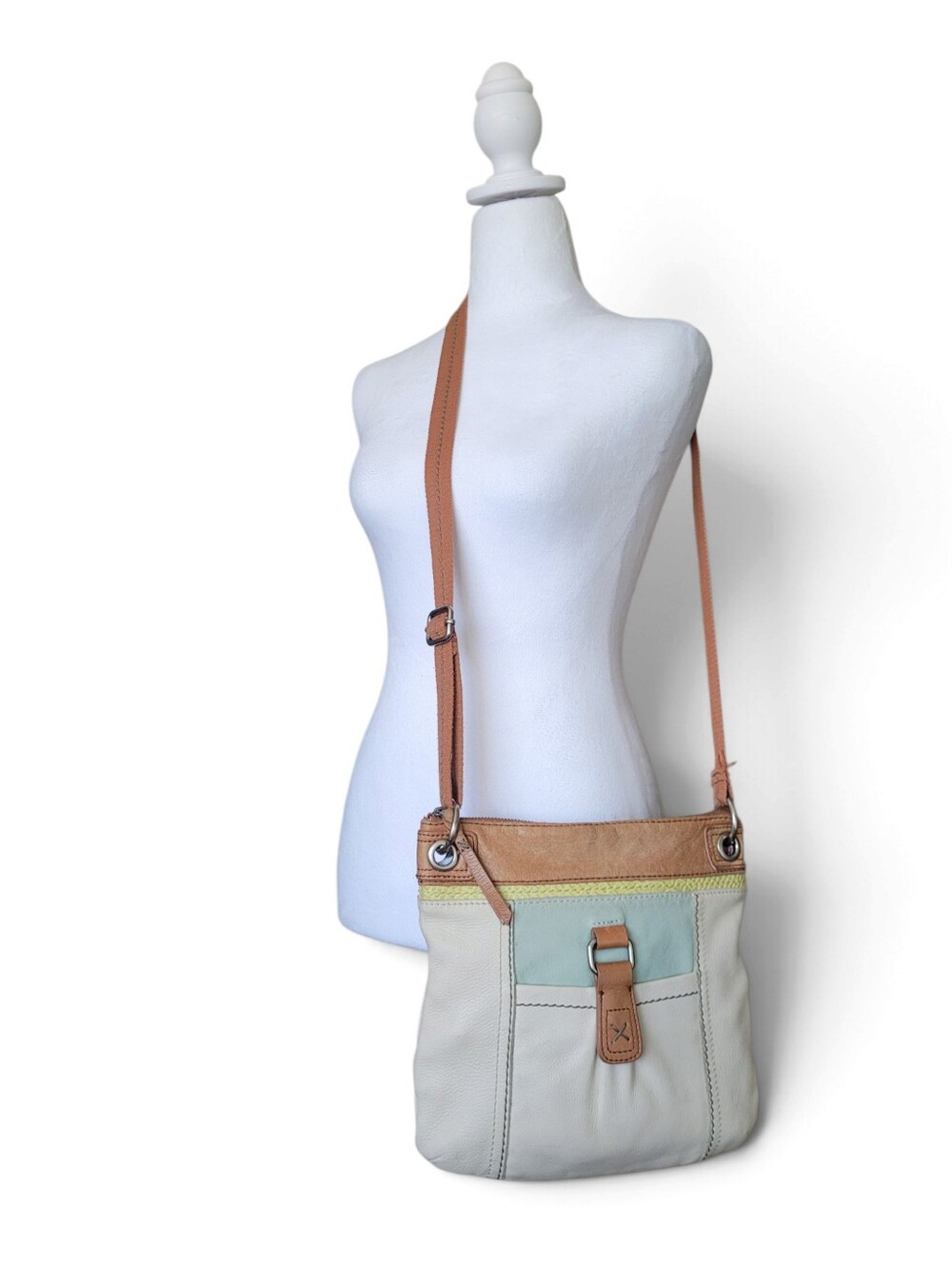 Vintage Y2K The Sak Kendra Leather Colorblock Crossbody Bag Cream Tan Mint